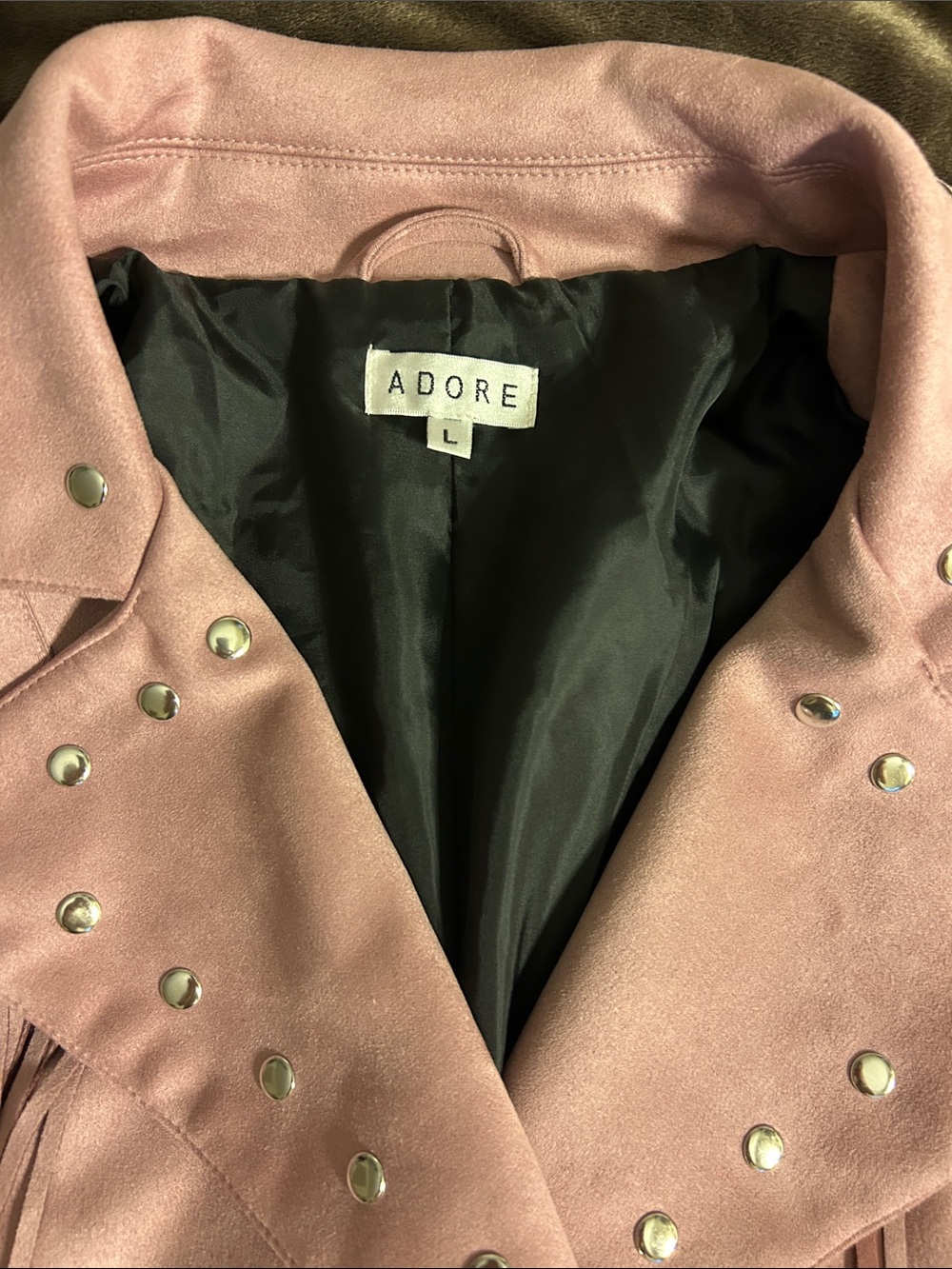 Adore Dusty Pink Faux Suede Fringe Moto Jacket with Studs - Picture 2 of 13